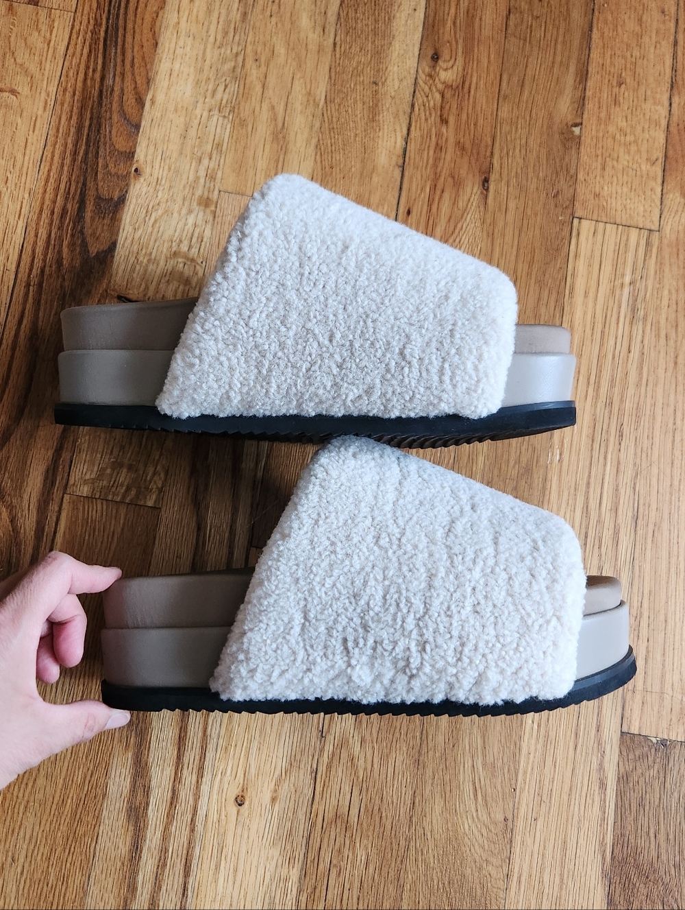ROAM Cream Shearling Slide Sandals with Taupe Platform - Picture 4 of 10